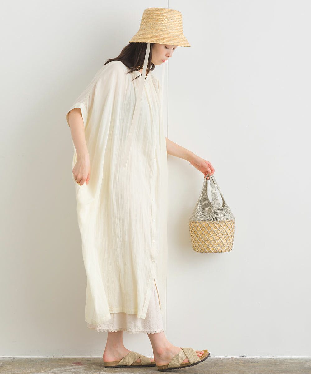 日本女裝代購 - 100%印度棉 文藝感排扣五分袖洋裝-米白