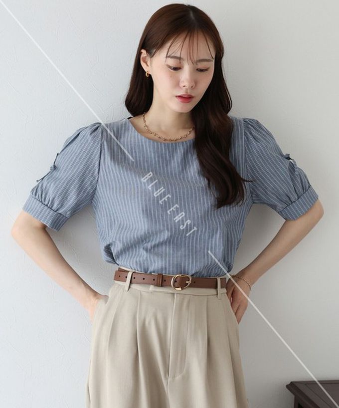 日本 BLUE EAST - 甜美可愛蝴蝶結點綴短袖上衣-條紋-藍 (M)