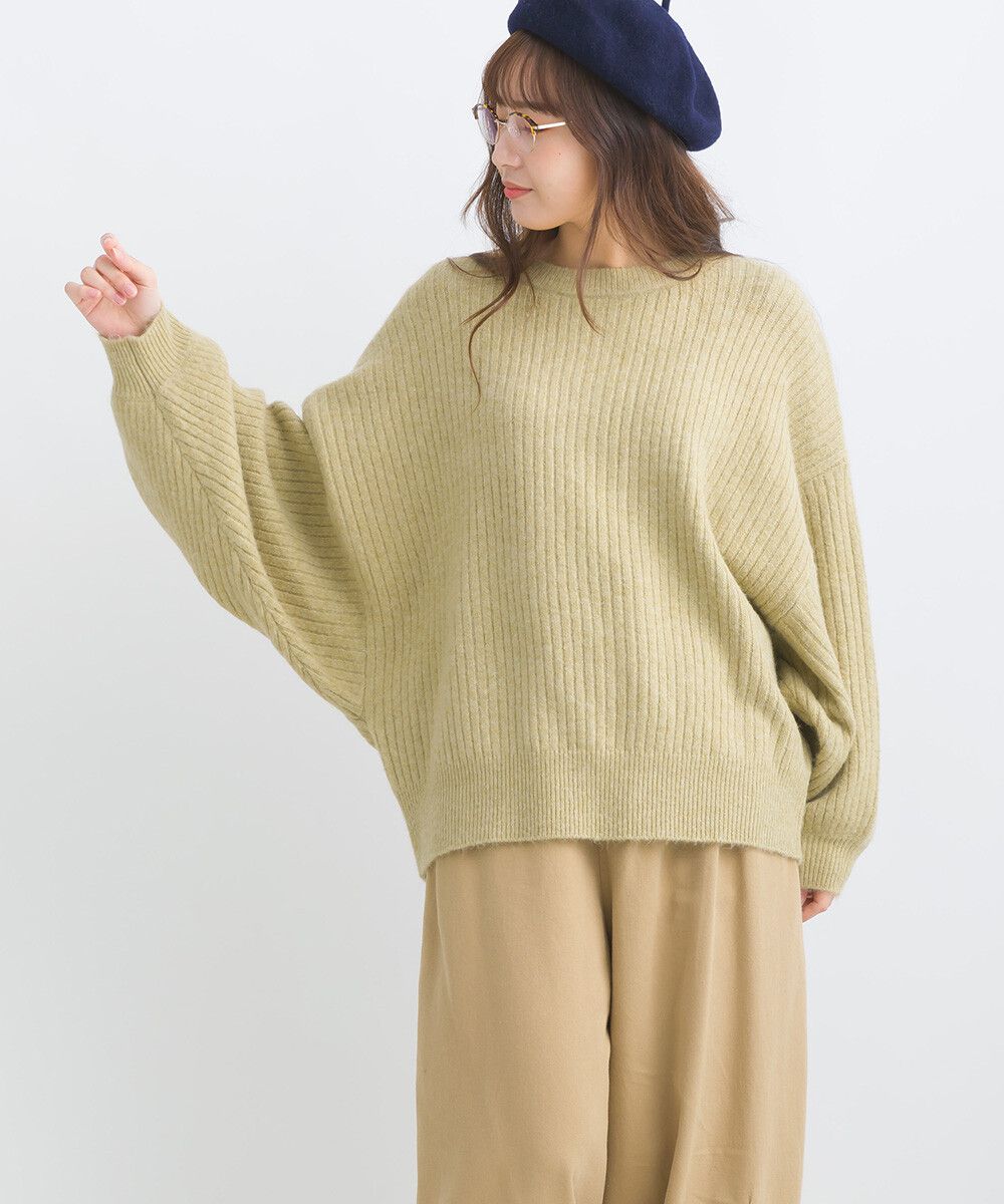 日本女裝代購 - 大寬袖圓領混色針織上衣-米黃