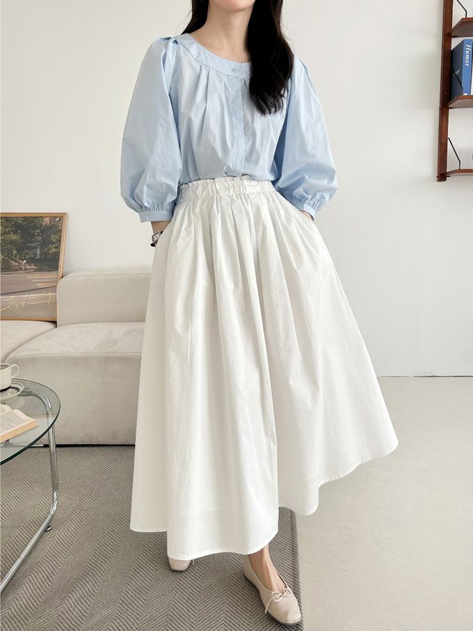 韓國女裝連線 - 氣質抓褶圓領七分袖襯衫-白 (FREE)