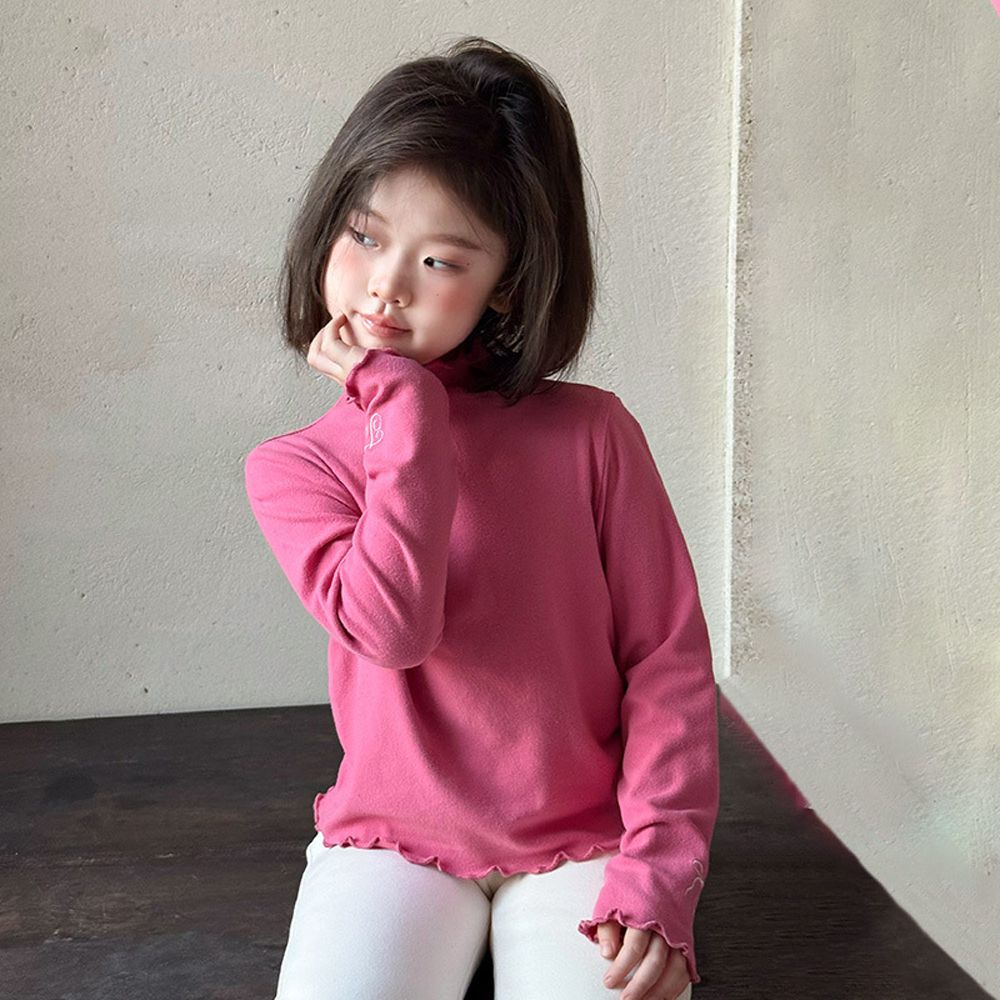 暖暖木耳邊高領長袖上衣-桃粉