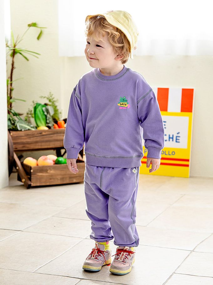 韓國 Pimpollo - 胸前鱷魚點綴圓領長袖套裝-粉橘