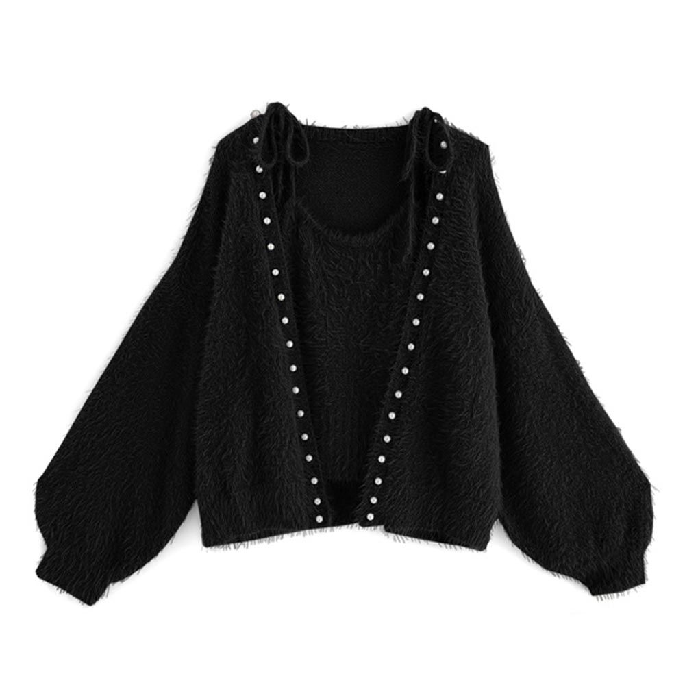 日本 GRL - 浪漫毛絨內搭珍珠開襟外套兩件組-黑 (F)