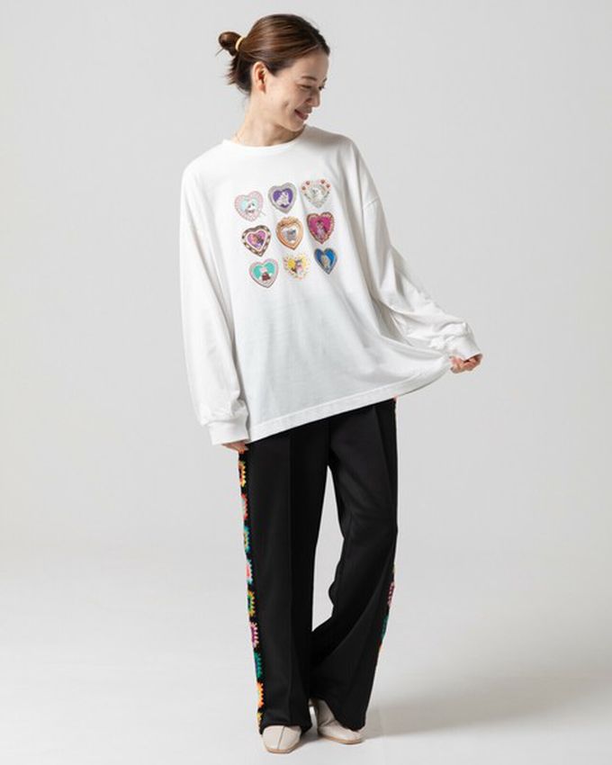 日本 gleam - 可愛貓咪相框寬版長袖T恤-白