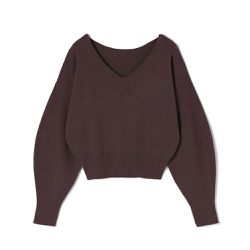 日本 GRL - 顯瘦V領簡約針織長袖上衣-深咖啡 (F)