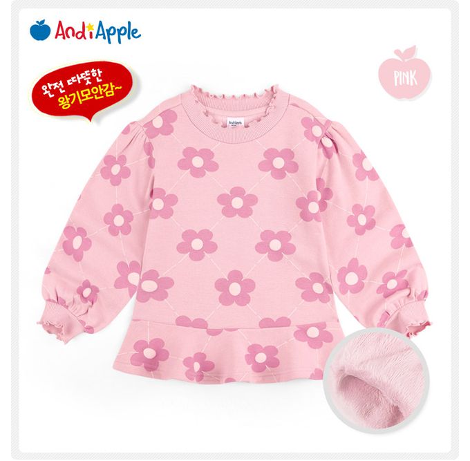 韓國 AndiApple - 滿版花朵印內刷毛澎袖上衣-粉