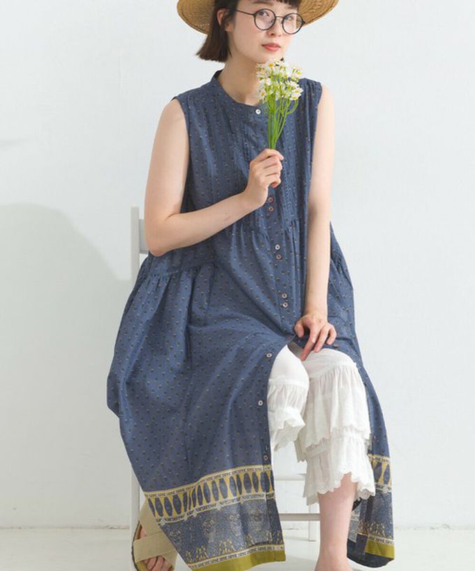 日本 Lupilien - 100%印度棉 清新印花柔軟洋裝-圖騰-薄荷