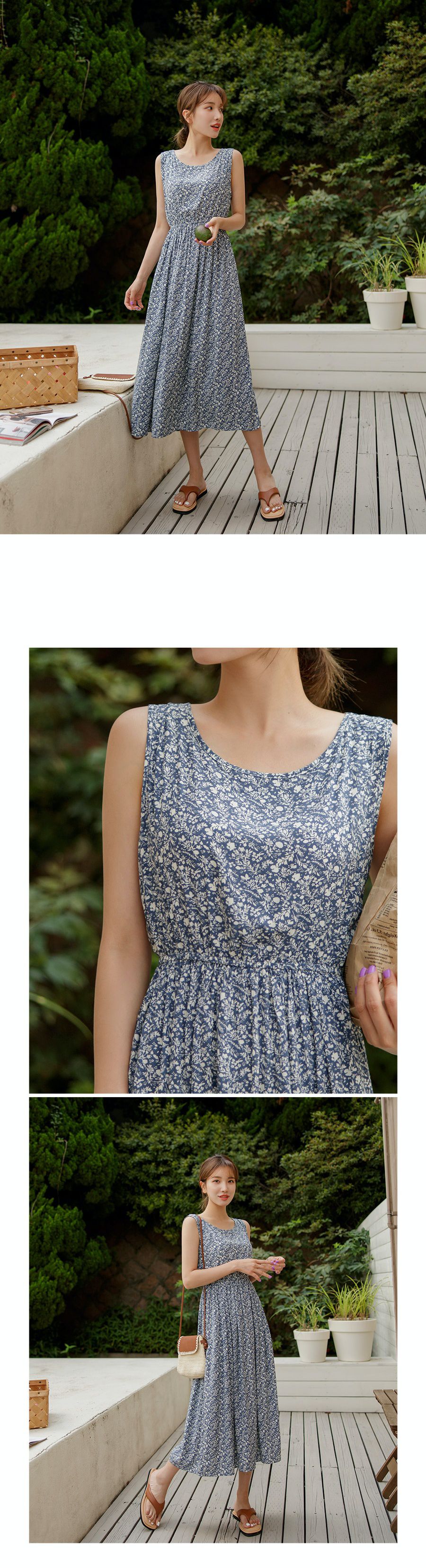 韓國 Urbantheroom - 單色碎花無袖縮腰長洋裝-藍 (Free)
