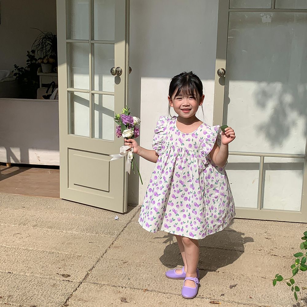 浪漫荷葉袖棉質連身洋裝-繽紛愛心-白色