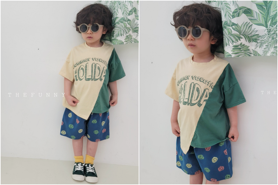 韓國 The Funny - 不對稱設計拼色純棉T-象牙白X藕粉