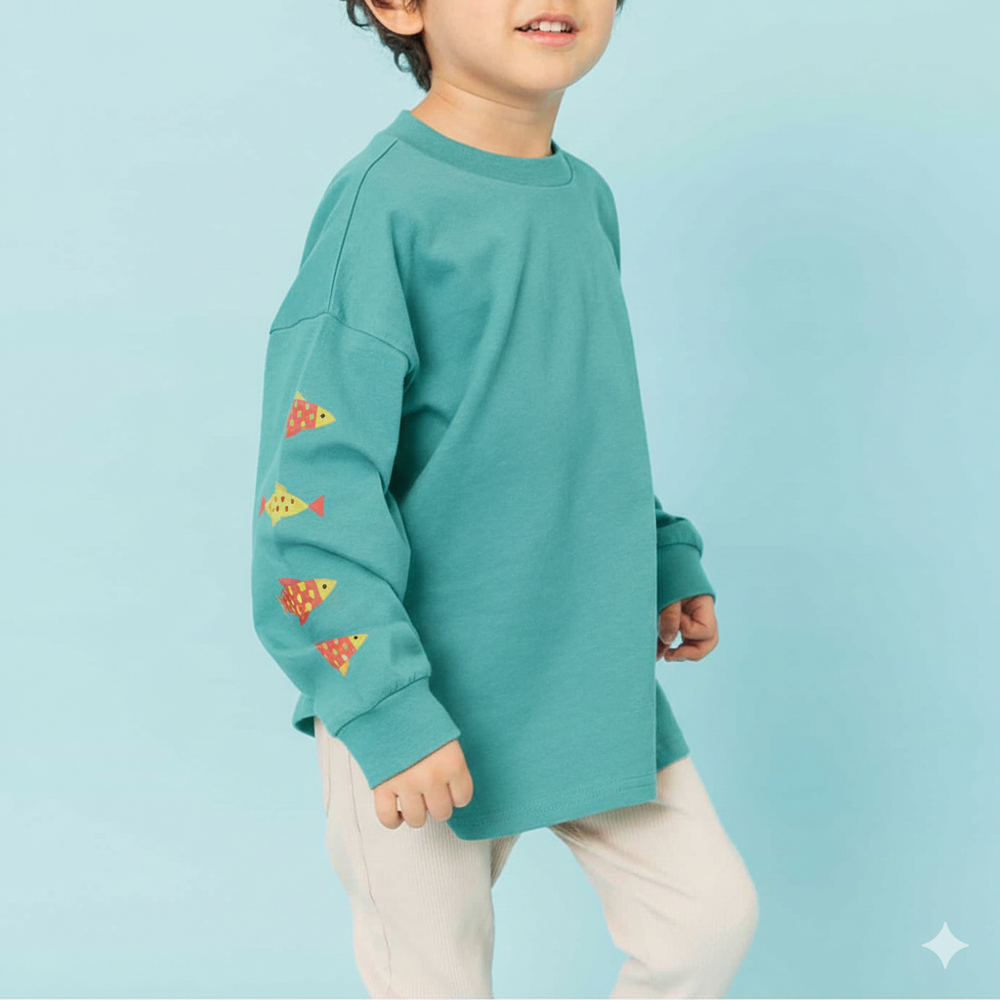 雙手可愛印花長袖上衣-彩色魚-水藍