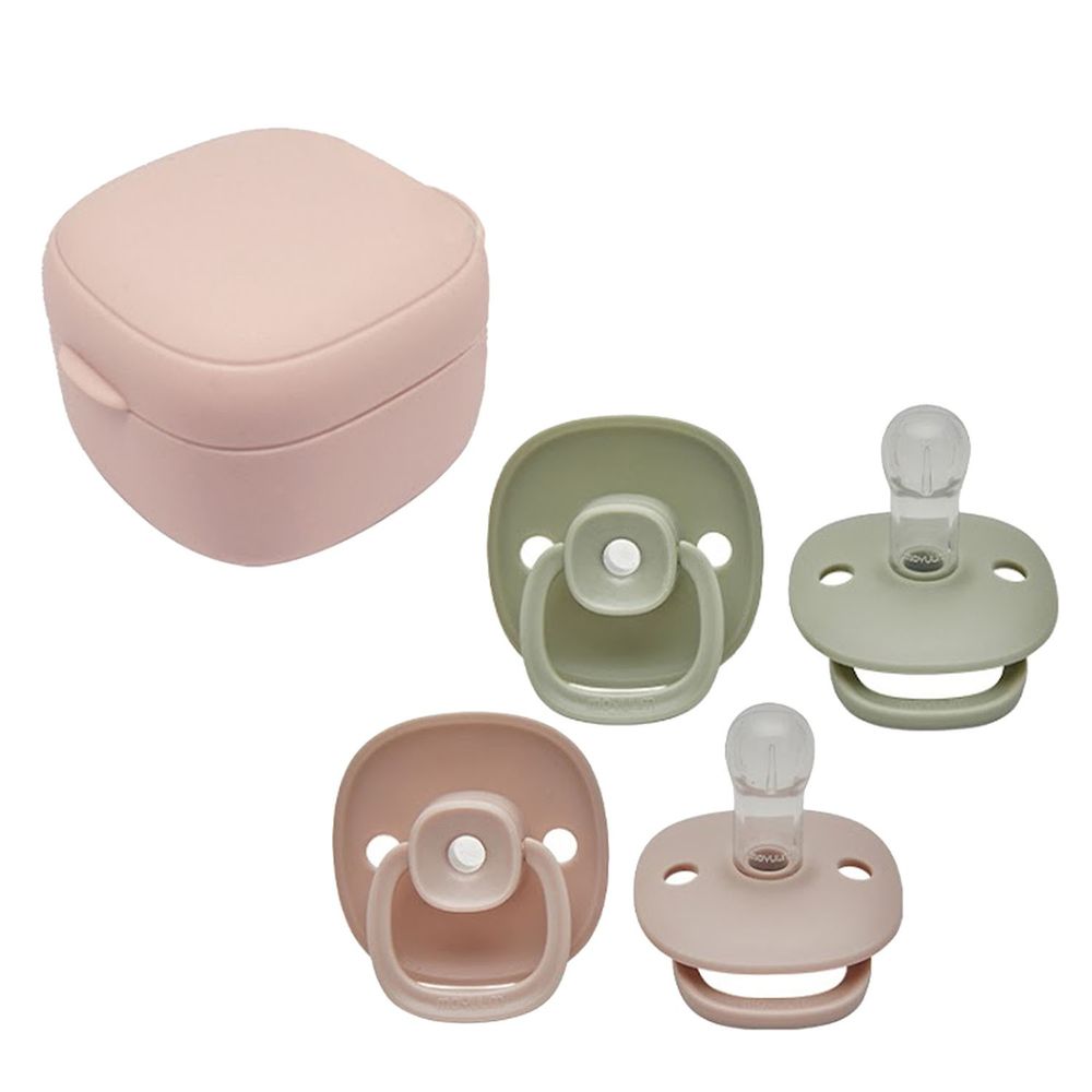韓國 Moyuum - 辛奇奶嘴/奶嘴盒組合-(多功能矽膠收納盒 粉色+母乳實感辛奇奶嘴 (0-6M)-灰綠色+母乳實感辛奇奶嘴 (6M+)-粉色