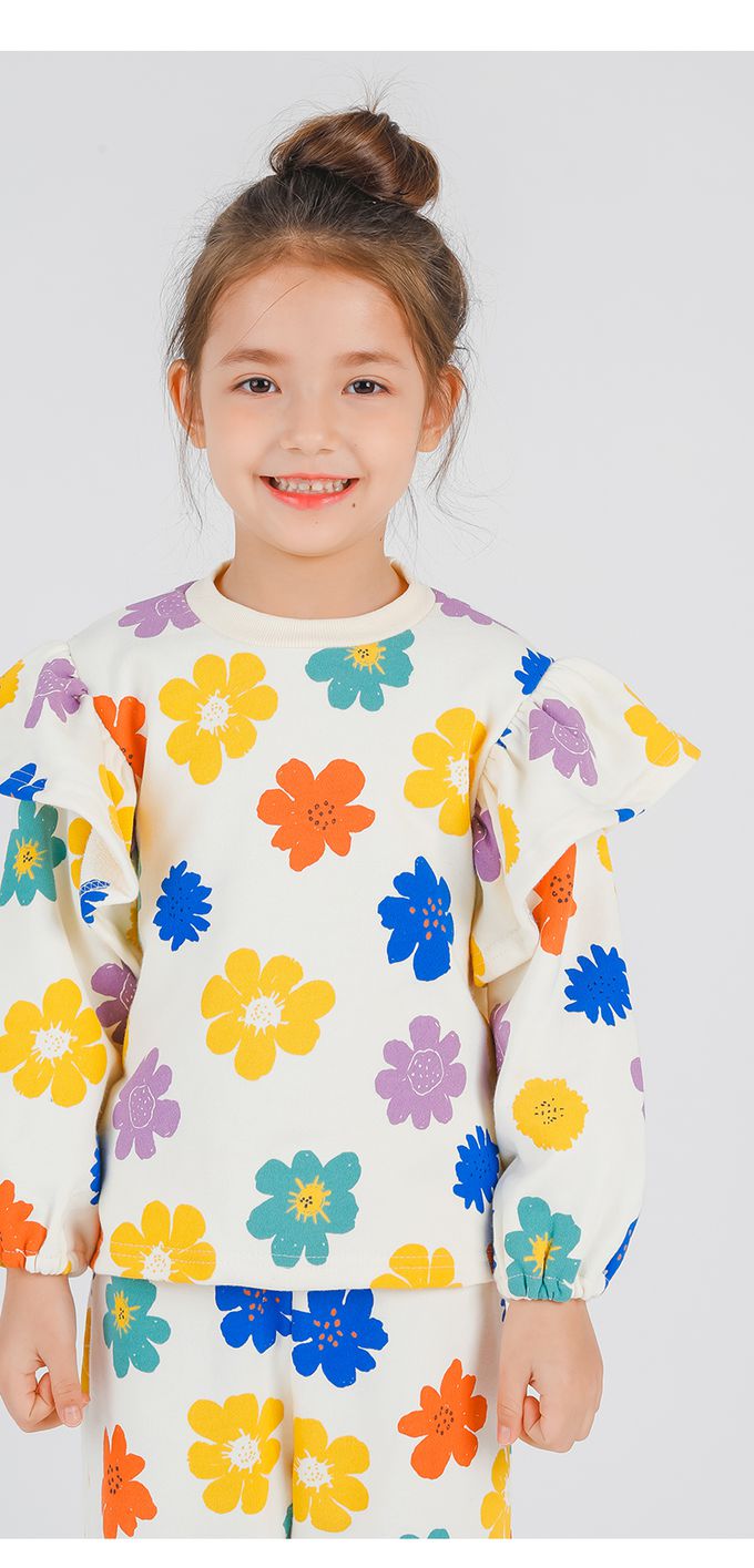 韓國 OZKIZ - 滿版燦爛彩花印長袖套裝-奶油