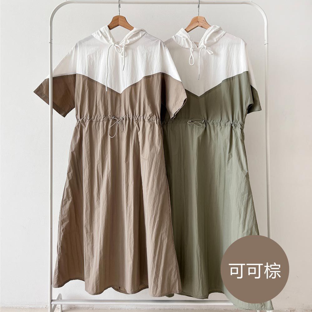 韓國女裝連線 - 撞色感腰際抽繩連身洋裝-可可棕 (FREE)