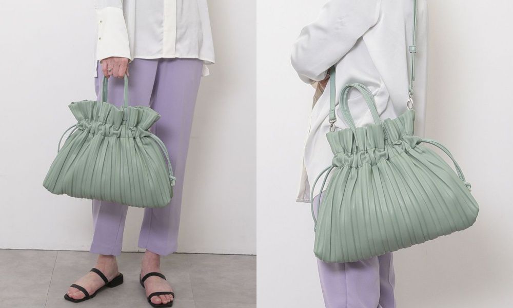 日本 COOCO - 皮質風琴紋束口包/手提包/側背包-黑