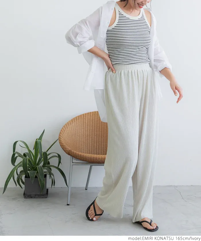 日本 COCA - [可剪裁] 楊柳細褶百搭長褲-淺藍