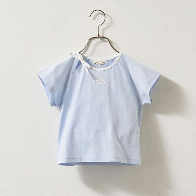 日本 Lycee mine - 柔軟緞帶領刺繡短袖上衣-藍