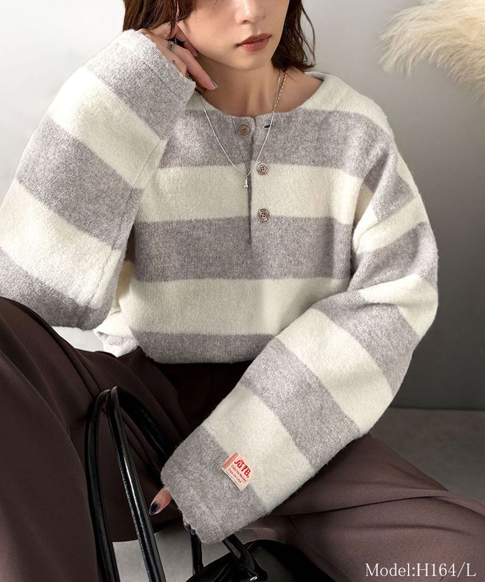 日本 Classical Elf - Java 率性亨利領寬鬆厚針織上衣-黑x灰