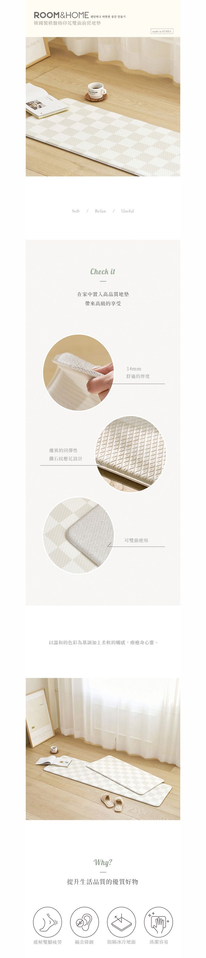 韓國ROOM&HOME - 韓國製棋盤格印花雙面防油防水廚房地墊 (45x120cm)