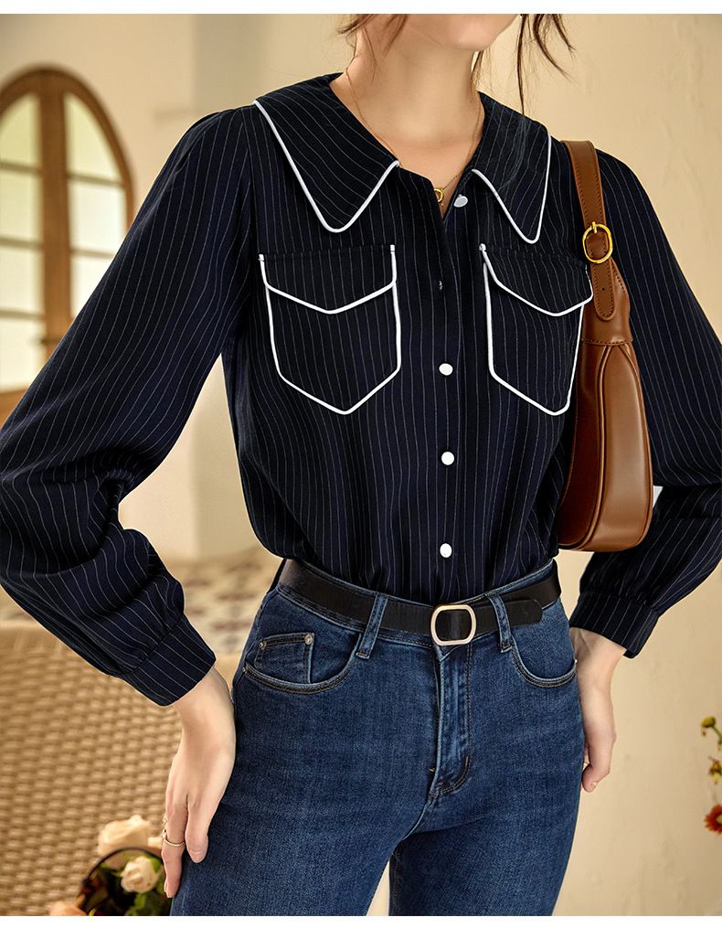 撞色包邊條紋長袖襯衫-深藍色
