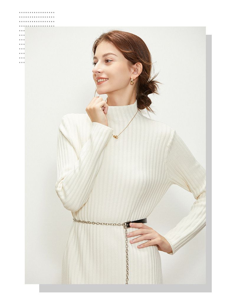 金屬腰帶針織長袖連身裙-黑色