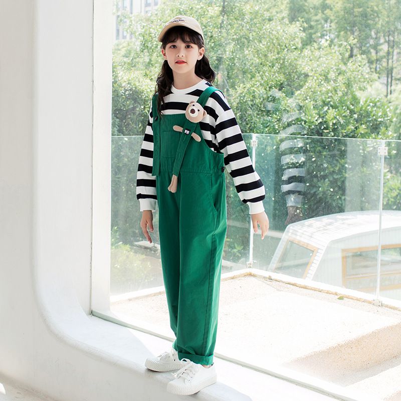 休閒牛仔寬鬆吊帶褲-小熊-綠色