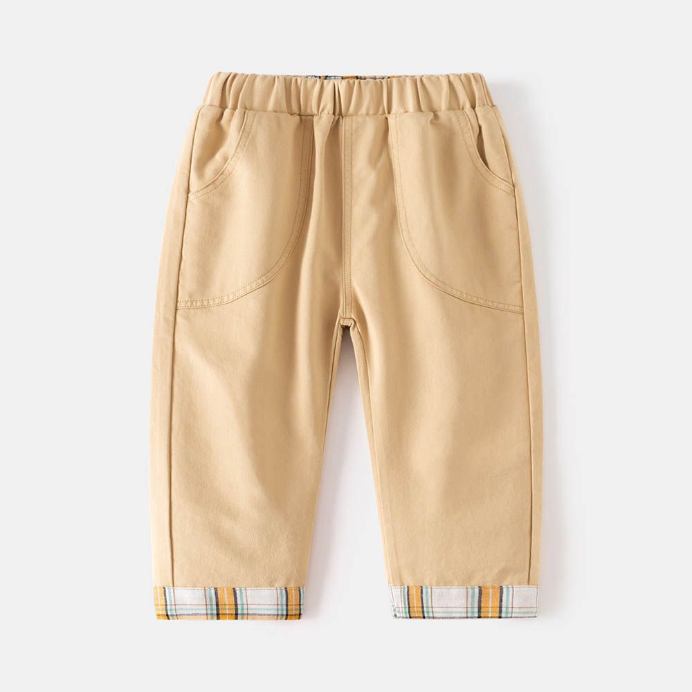 純棉腰鬆緊休閒長褲-褲腳格紋拼接-卡其