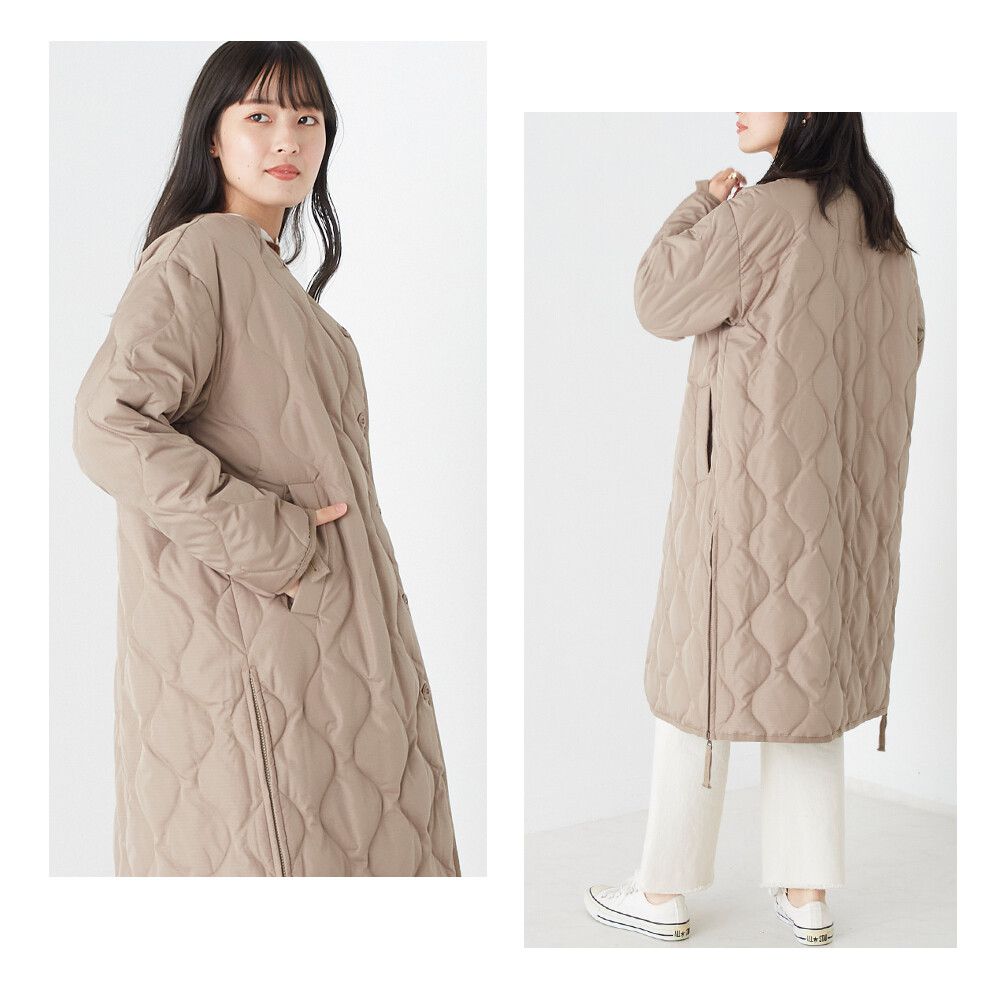 日本 OMNES - 輕量波浪衍縫長版羽絨外套-焦糖棕