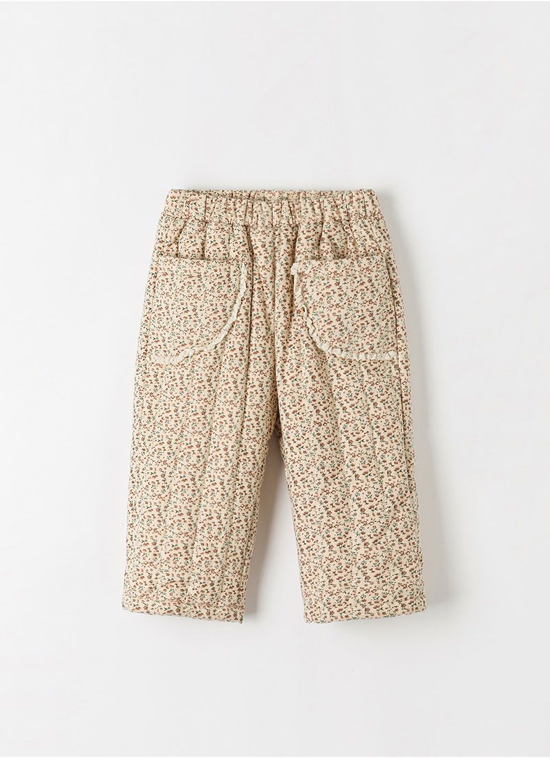 韓國 OZKIZ - 冬季田園小花內磨毛鋪棉長褲-卡其