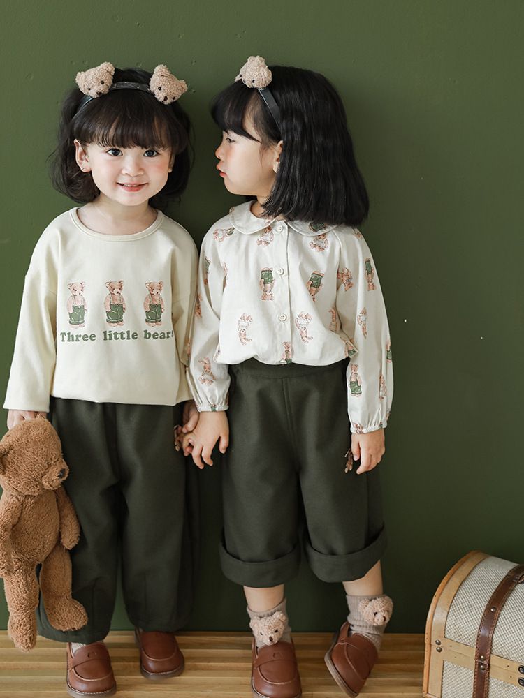 腰鬆緊五分百搭寬褲-熊熊-綠色