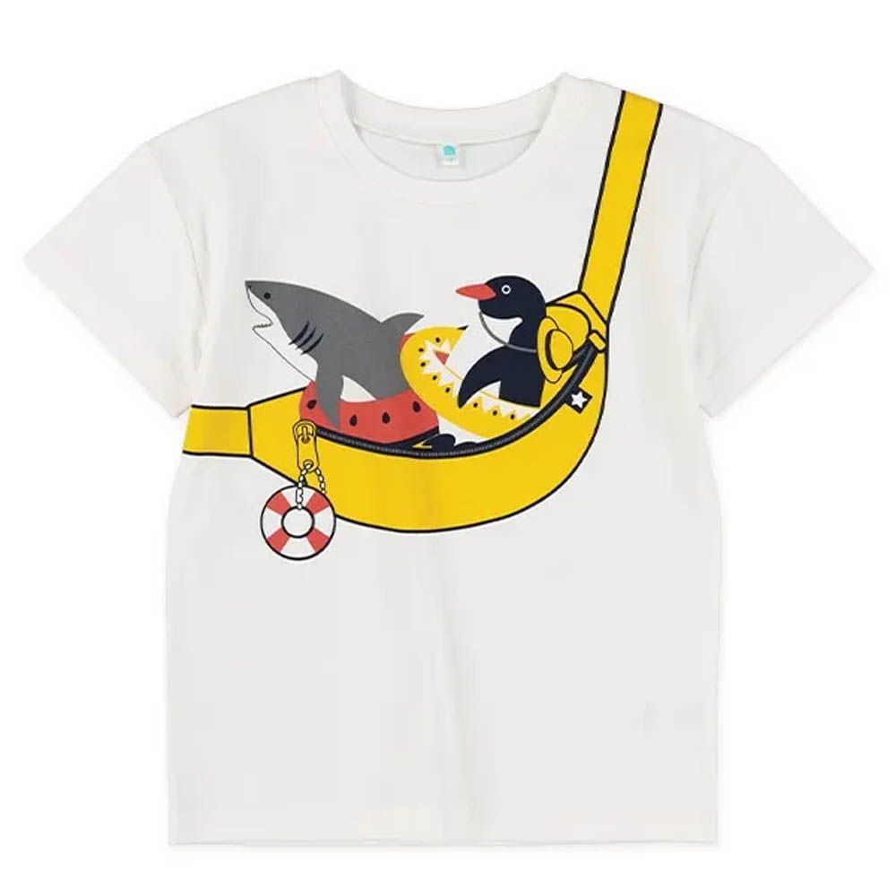 逗趣海洋腰包印花短袖上衣-企鵝鯊魚-白