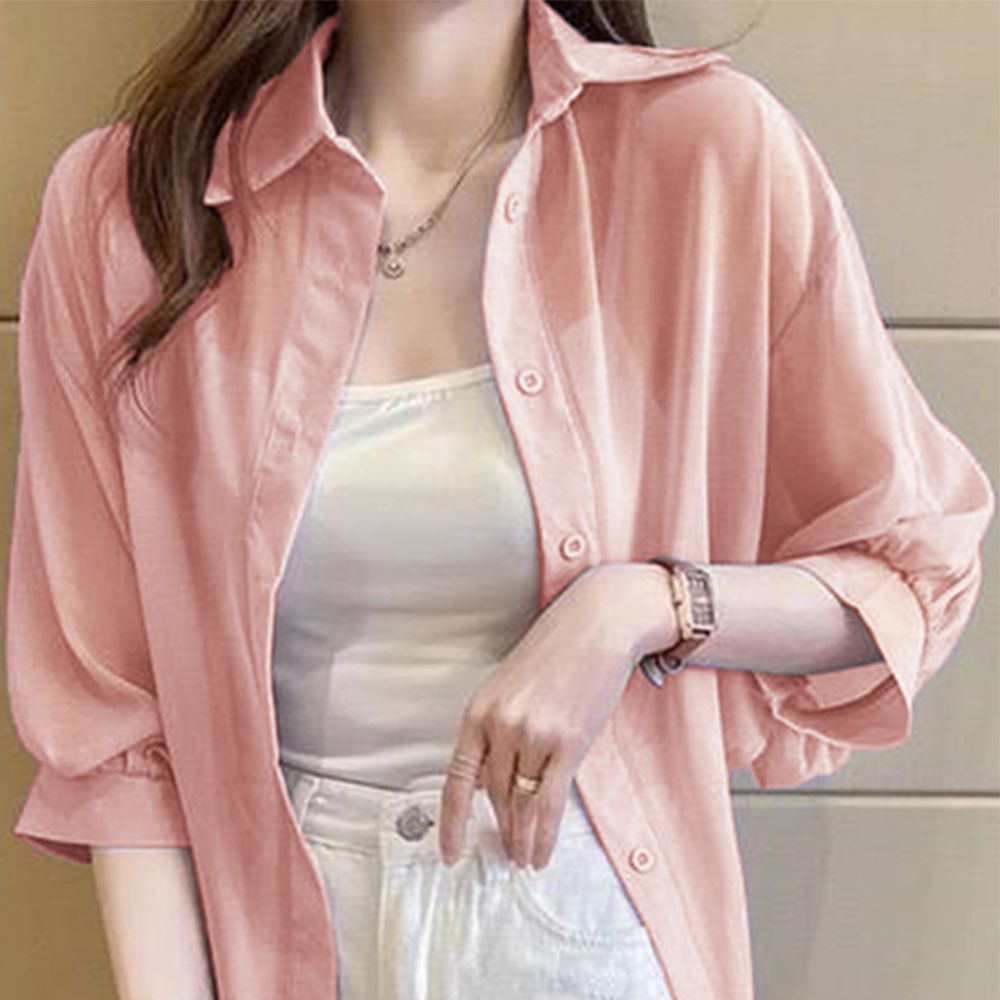 柔美透明感率性氣球袖襯衫-粉紅 (M)