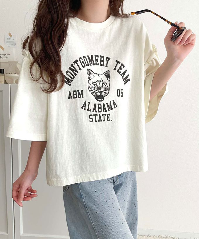 日本 Classical Elf - 貓科酷印花寬大荷葉五分袖上衣-炭灰