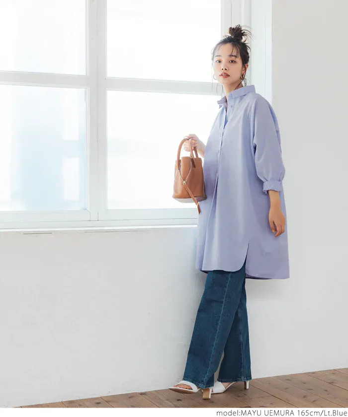 日本 COCA - 質感翻領排扣中長版襯衫-深灰