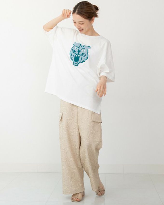 日本 gleam - 逗趣老虎相良刺繡寬大風短袖T恤-橘老虎-燕麥灰