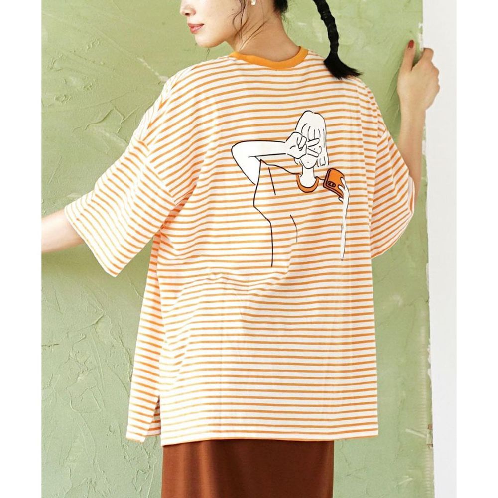日本 zootie - 落肩寬鬆插圖設計條紋短T-橘