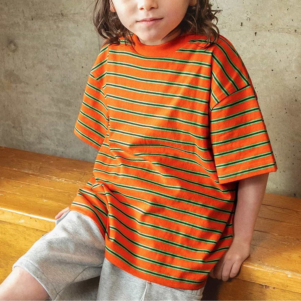 美式寬鬆感印花五分袖上衣-條紋-橘x綠
