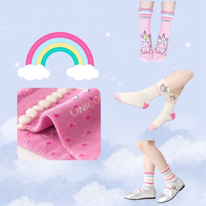 彩虹獨角獸防滑點膠中筒棉襪
