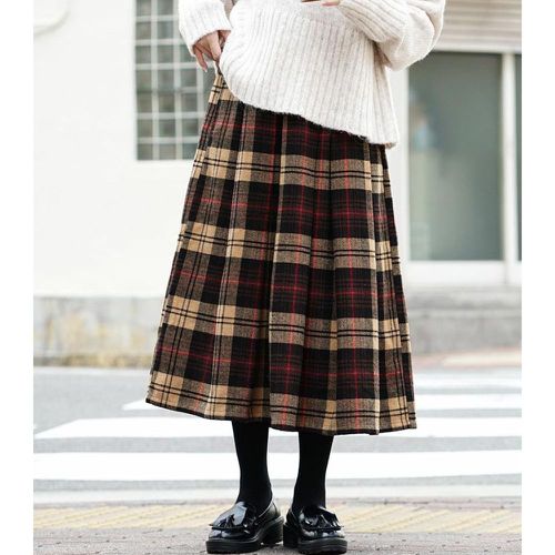 日本 zootie - 羊毛混紡層次打褶修身長裙-紅線格紋-深可可