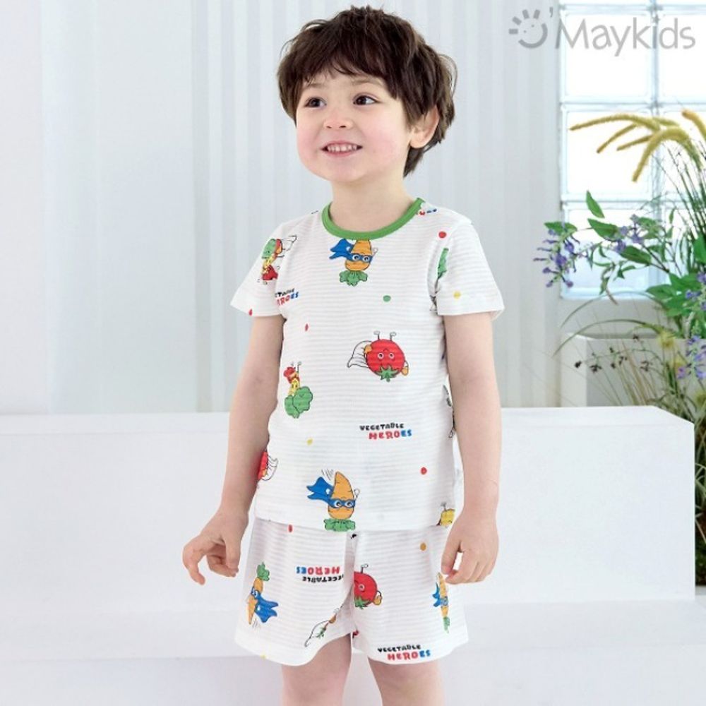 透氣條紋提花棉短袖家居服-蒙面蔬菜超人-白