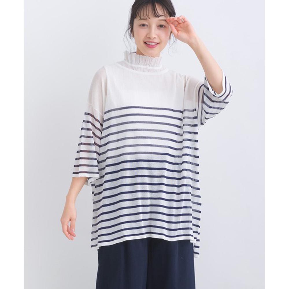 日本 Lupilien - 透明感薄針織七分袖上衣-條紋-海軍藍