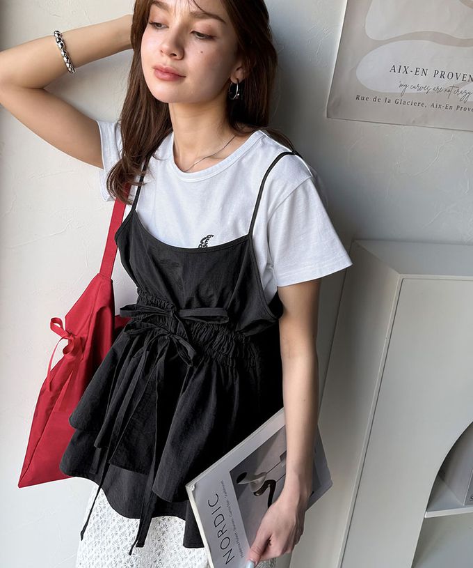 日本 Classical Elf - 俏麗荷葉細肩帶+月亮短袖T恤(2件組)-灰