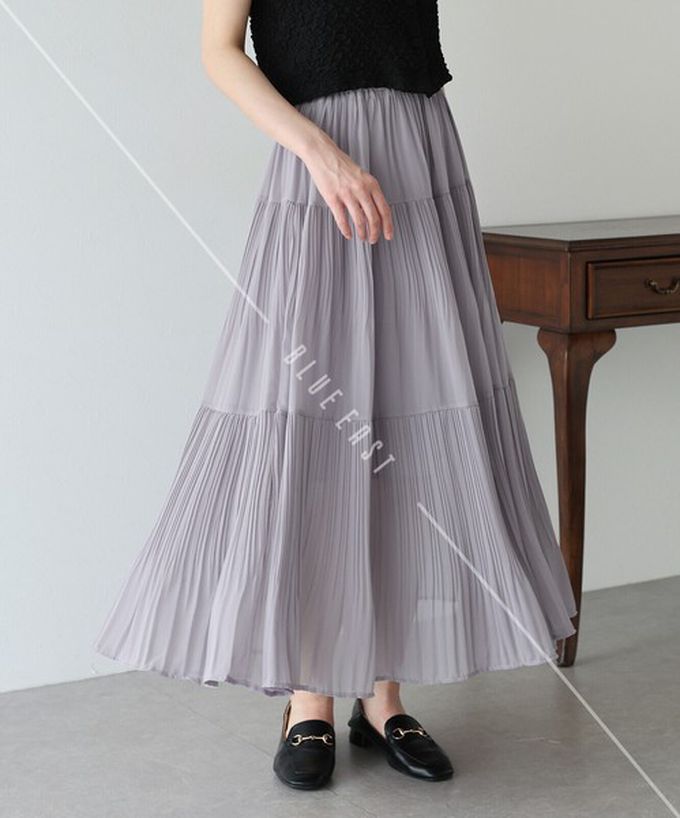 日本 BLUE EAST - 優雅細摺雪紡分層鬆緊長裙-米白 (M)