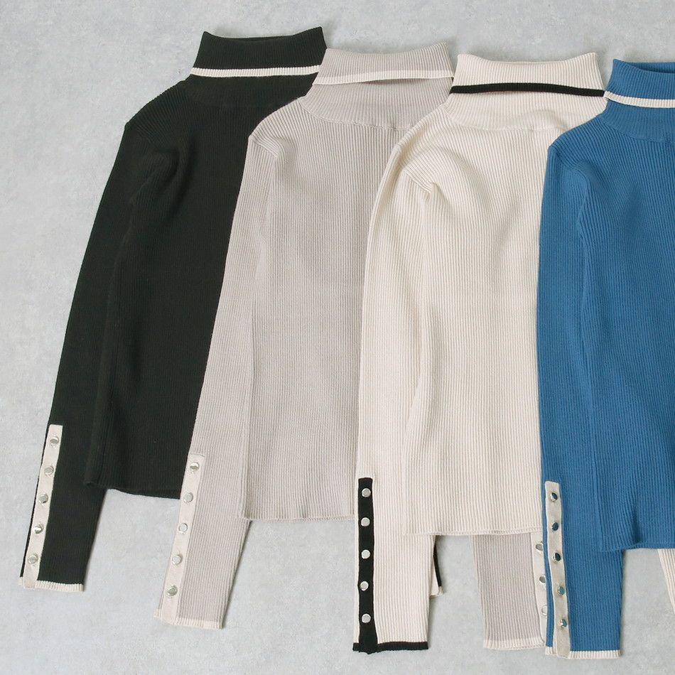 日本 Rejoule - 半高領金釦羅紋針織上衣-杏x黑