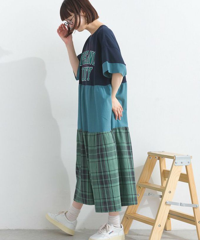 日本 Lupilien - 復古學院風 撞色格子拼接短袖洋裝-咖啡棕