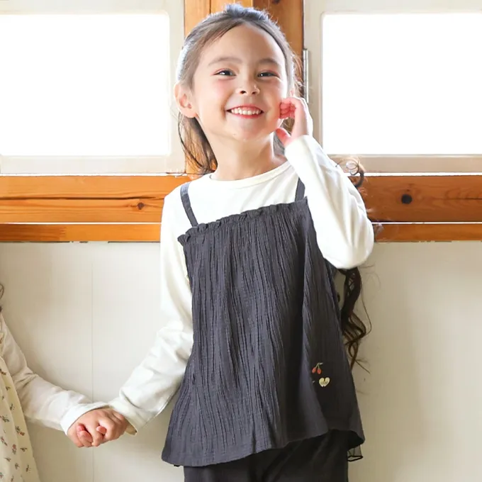 日本 ZOOLAND - 假二件典雅緹花長袖上衣-櫻桃刺繡-炭灰