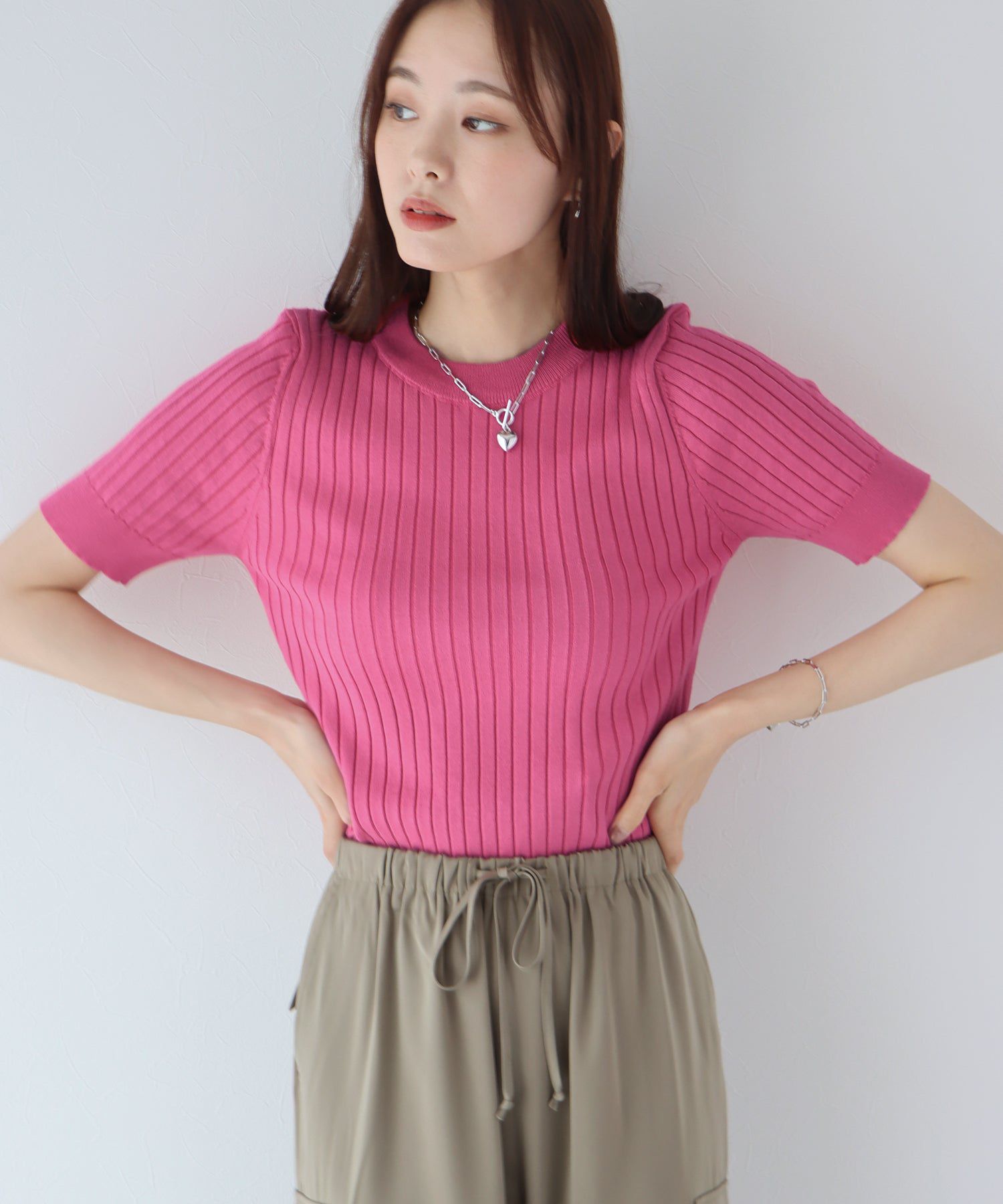 日本 BLUE EAST - 彈性寬羅紋薄針織短袖上衣-淺粉x白