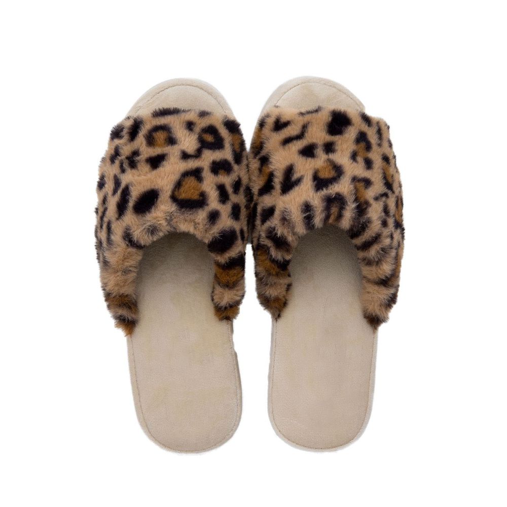 日本千趣會 - 華麗刷毛楔型保暖室內拖鞋-豹紋 (23-24.5cm)