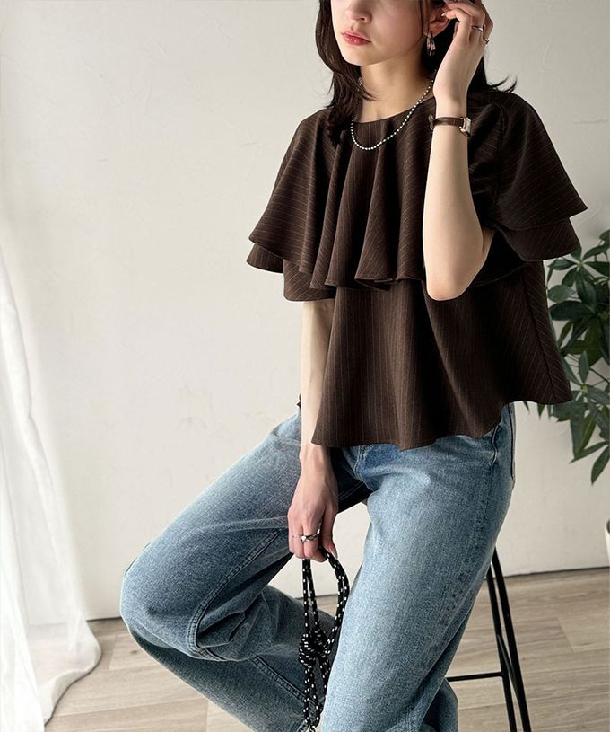 日本 Classical Elf - 前後2way優雅荷葉大翻領上衣-細條紋-黑