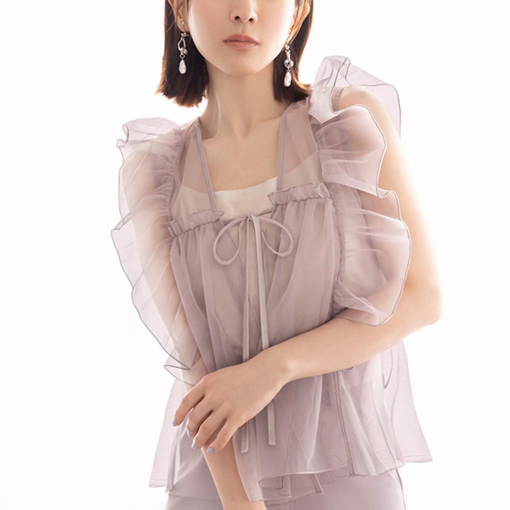 日本 GRL - 薄紗透膚浪漫荷葉綁帶罩衫-灰粉 (F)